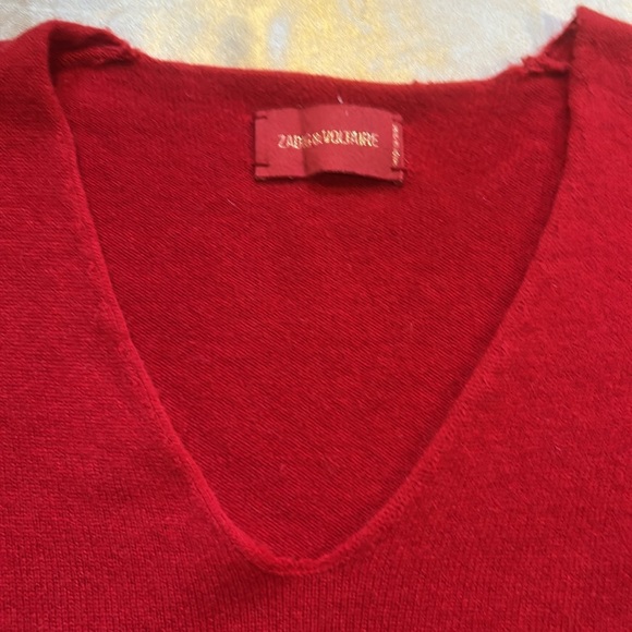 Red V-Neck 100% Cashmere Sweater with Gray Cuffs XS - Picture 3 of 8